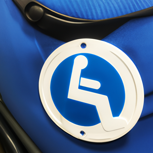 תמונה של כיסא בטיחות לנכים לבן עם לוגו כחול של כסא גלגלים מאחור