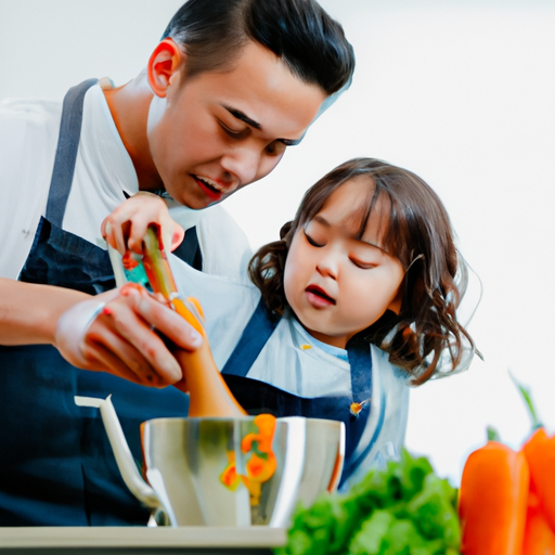 תמונה שבה הורה וילד מבשלים יחד, מקדמים הרגלי אכילה בריאים.