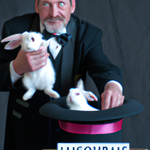 תמונה של קוסם שולף ארנב מתוך כובע, בעוד הארנב מחזיק שלט הומוריסטי